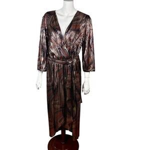 Johnny Was dress‎ XL metallic wrap pleated dressy slimming art deco jazz